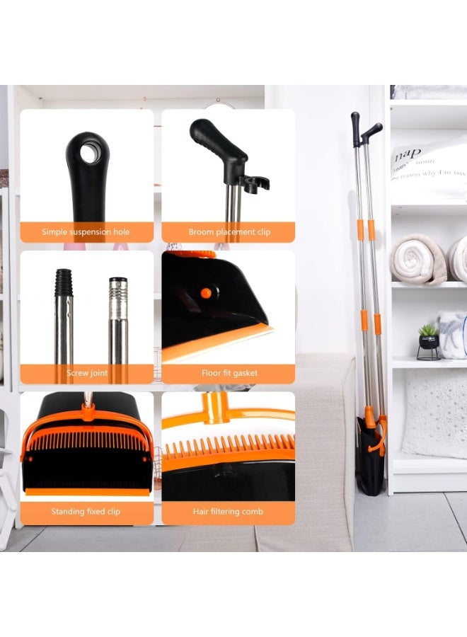 LODROC Dustpan and Brush Set Long Handled – Broom and Dustpan Set Reduce Bending Tall Lobby Dustpan and Sweeping Brush (Black-orange) - Image 3